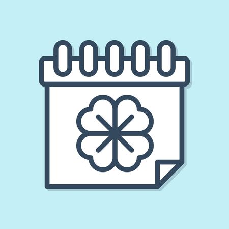 Blue line Saint Patricks day with calendar icon isolated on blue background. Four leaf clover symbol. Date 17 March.  Vector Illustrationのイラスト素材