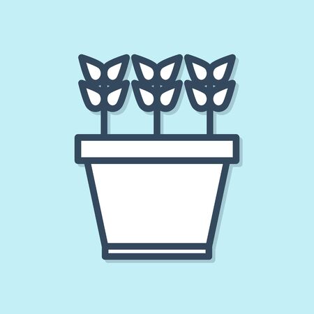 Blue line Plants in pot icon isolated on blue background. Plants growing in a pot. Potted plant sign. Vector Illustrationのイラスト素材
