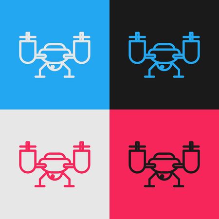 Color line Drone flying with action video camera icon isolated on color background. Quadrocopter with video and photo camera symbol. Vintage style drawing. Vector Illustrationのイラスト素材