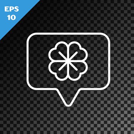 White line Four leaf clover in speech bubble icon isolated on transparent dark background. Happy Saint Patrick day. Vector Illustrationのイラスト素材