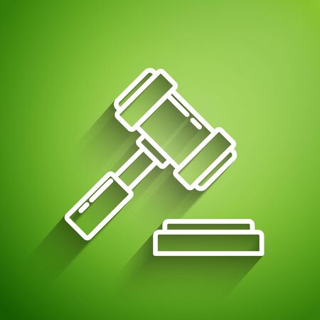 White line Judge gavel icon isolated on green background. Gavel for adjudication of sentences and bills, court, justice. Auction hammer. Vector Illustrationのイラスト素材