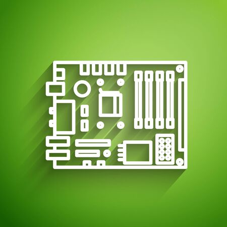 White line Electronic computer components motherboard digital chip integrated science icon isolated on green background. Circuit board. Vector Illustrationのイラスト素材