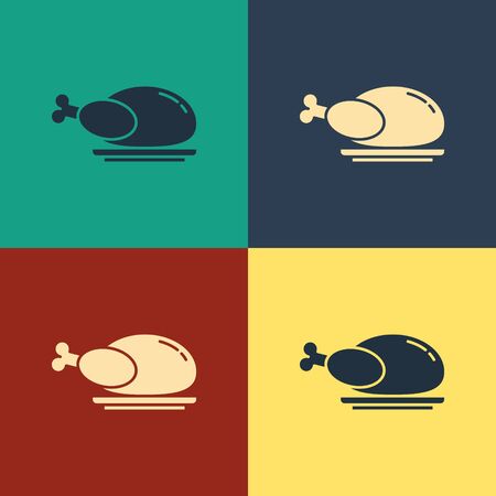 Color Roasted turkey or chicken icon isolated on color background. Vintage style drawing. Vector Illustrationのイラスト素材