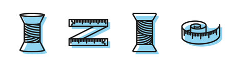 Set line Sewing thread on spool, Sewing thread on spool, Tape measure and Tape measure icon. Vectorのイラスト素材