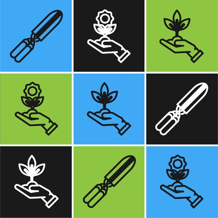 Set line Gardening handmade scissors for trimming, Plant in hand of environmental protection and Hand holding flower icon. Vectorのイラスト素材