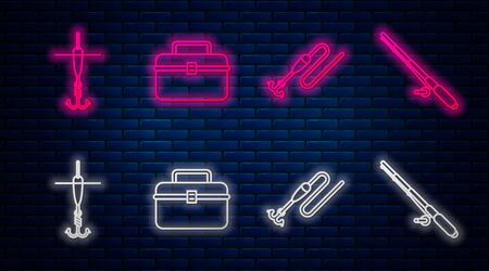 Set line Case or box container for wobbler and gear fishing equipment, Fishing line with hook and float, Fishing hook and float and Fishing rod. Glowing neon icon on brick wall. Vectorのイラスト素材