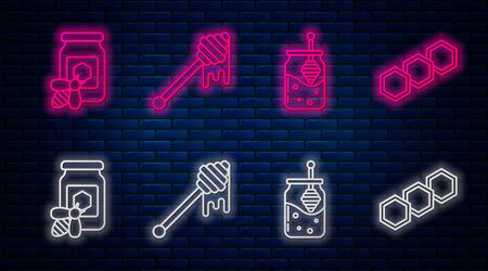 Set line Honey dipper stick with dripping honey, Jar of honey and honey dipper stick, bee and Honeycomb. Glowing neon icon on brick wall. Vectorのイラスト素材