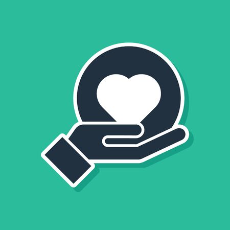 Blue Heart on hand icon isolated on green background. Hand giving love symbol. Vector Illustrationのイラスト素材