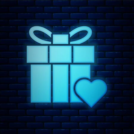 Glowing neon Gift box and heart icon isolated on brick wall background. Valentines day.  Vector Illustrationのイラスト素材