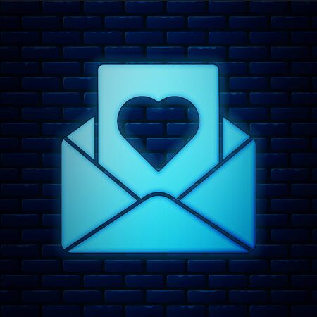 Glowing neon Envelope with Valentine heart icon isolated on brick wall background. Message love. Letter love and romance. Vector Illustrationのイラスト素材