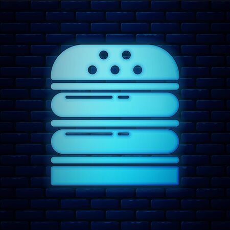 Glowing neon Burger icon isolated on brick wall background. Hamburger icon. Cheeseburger sandwich sign. Fast food menu. Vector Illustrationのイラスト素材