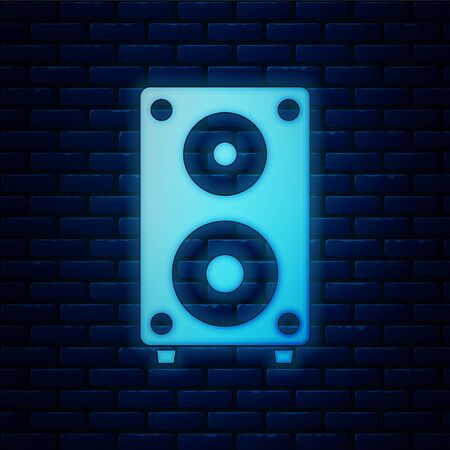 Glowing neon Stereo speaker icon isolated on brick wall background. Sound system speakers. Music icon. Musical column speaker bass equipment. Vector Illustrationのイラスト素材