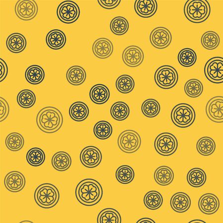 Blue line Gold coin with four leaf clover icon isolated seamless pattern on yellow background. Happy Saint Patricks day. Vector Illustrationのイラスト素材