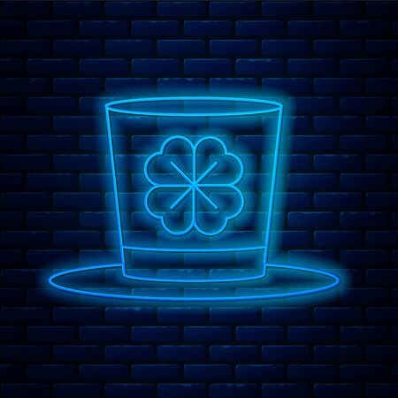 Glowing neon line Leprechaun hat and four leaf clover icon isolated on brick wall background. Happy Saint Patricks day. Vector Illustrationのイラスト素材