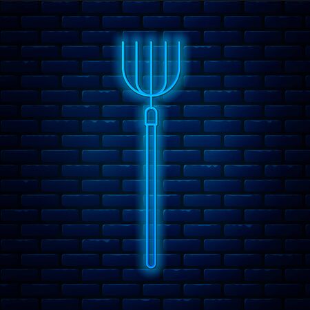 Glowing neon line Garden pitchfork icon isolated on brick wall background. Garden fork sign. Tool for horticulture, agriculture, farming. Vector Illustrationのイラスト素材