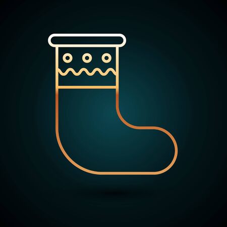Gold line Christmas stocking icon isolated on dark blue background. Merry Christmas and Happy New Year. Vector Illustrationのイラスト素材