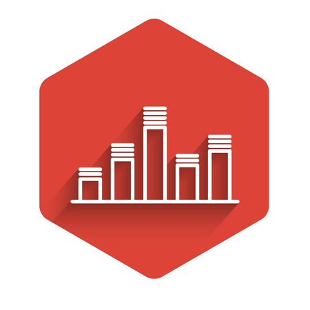 White line Music equalizer icon isolated with long shadow. Sound wave. Audio digital equalizer technology, console panel, pulse musical. Red hexagon button. Vector Illustrationのイラスト素材