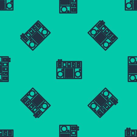 Blue line DJ remote for playing and mixing music icon isolated seamless pattern on green background. DJ mixer complete with vinyl player and remote control. Vector Illustrationのイラスト素材