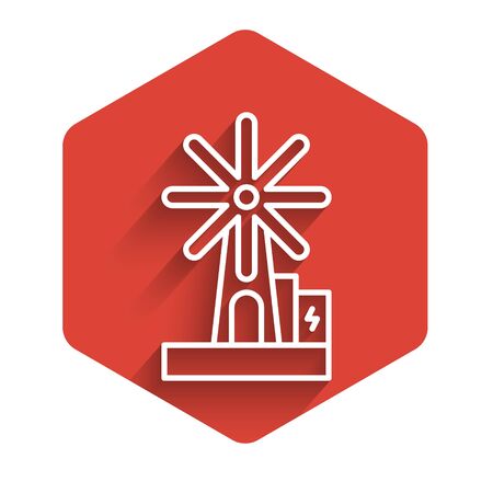 White line Wind turbine icon isolated with long shadow. Wind generator sign. Windmill for electric power production. Red hexagon button. Vector Illustrationのイラスト素材