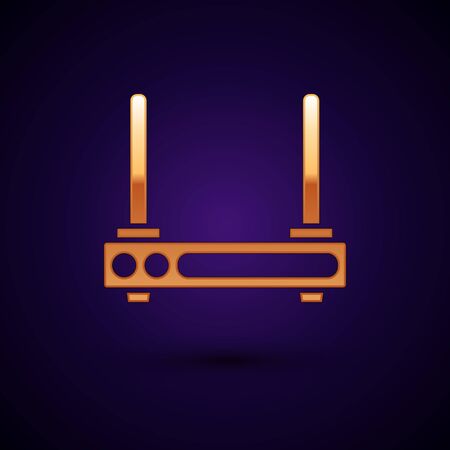 Gold Router and wifi signal symbol icon isolated on dark blue background. Wireless modem router. Computer technology internet. Vector Illustrationのイラスト素材