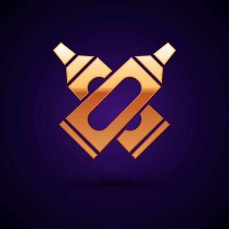 Gold Crossed tube of toothpaste icon isolated on dark blue background. Vector Illustrationのイラスト素材