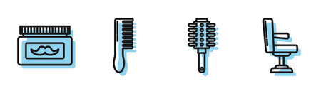 Set line Hairbrush, Cream or lotion cosmetic jar, Hairbrush and Barbershop chair icon. Vectorのイラスト素材