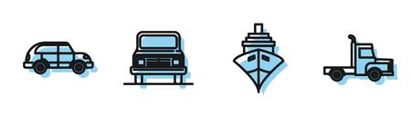 Set line Cargo ship, Hatchback car, Car and Delivery cargo truck vehicle icon. Vectorのイラスト素材