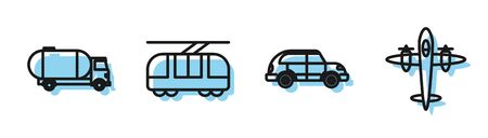Set line Hatchback car, Tanker truck, Tram and railway and Old retro vintage plane icon. Vectorのイラスト素材