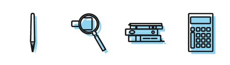 Set line Office folders with papers and documents, Pen, Magnifying glass and Calculator icon. Vectorのイラスト素材