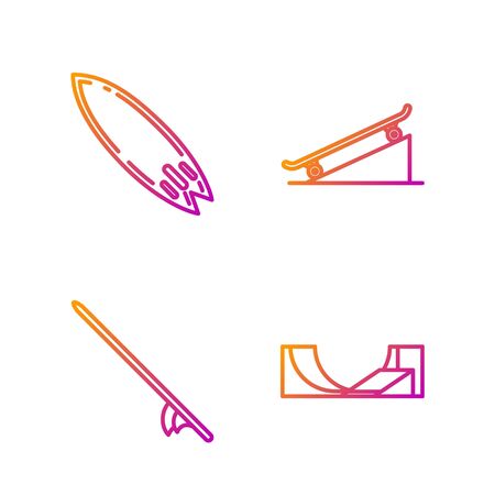 Set line Skate park, Surfboard, Surfboard and Skateboard on street ramp. Gradient color icons. Vectorのイラスト素材