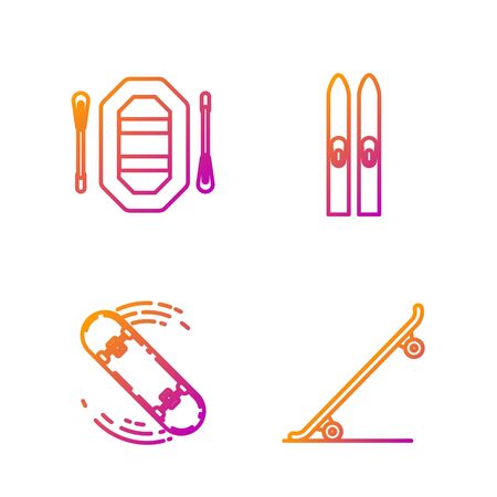 Set line Skateboard, Skateboard trick, Rafting boat and Ski and sticks. Gradient color icons. Vectorのイラスト素材