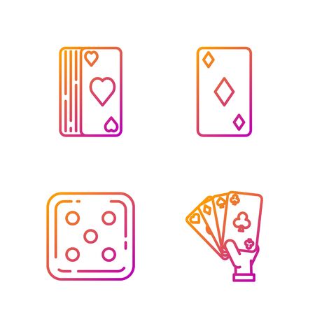 Set line Hand holding playing cards, Game dice, Deck of playing cards and Playing card with diamonds symbol. Gradient color icons. Vectorのイラスト素材