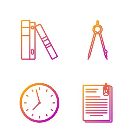 Set line File document and paper clip, Clock, Office folders with papers and documents and Drawing compass. Gradient color icons. Vectorのイラスト素材