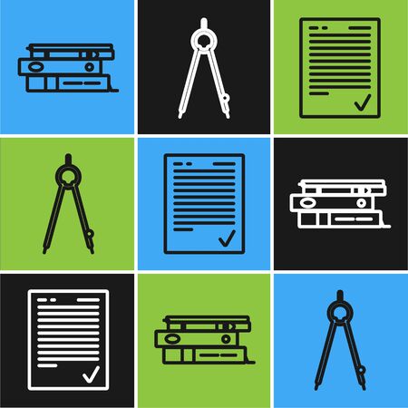 Set line Office folders with papers and documents, Exam sheet with check mark and Drawing compass icon. Vectorのイラスト素材
