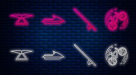 Set line Jet ski, Surfboard, Hang glider and Bicycle trick. Glowing neon icon on brick wall. Vectorのイラスト素材
