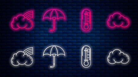 Set line Classic elegant opened umbrella, Thermometer, Rainbow with clouds and Cloud. Glowing neon icon on brick wall. Vectorのイラスト素材