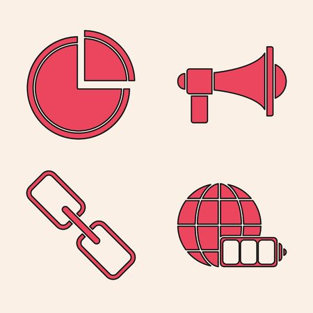 Set Battery charge level indicator with earth globe, Pie chart infographic, Megaphone and Chain link icon. Vectorのイラスト素材
