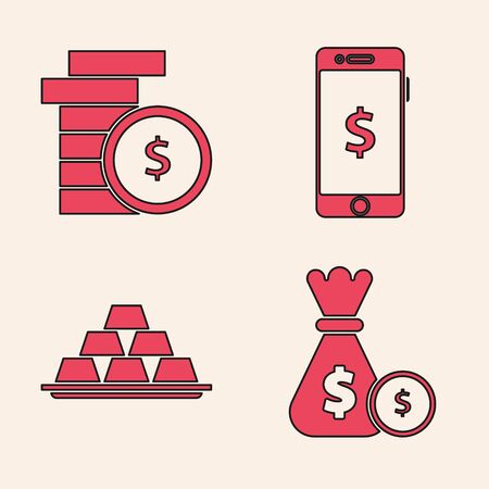 Set Money bag and coin, Coin money with dollar symbol, Smartphone with dollar symbol and Gold bars icon. Vectorのイラスト素材