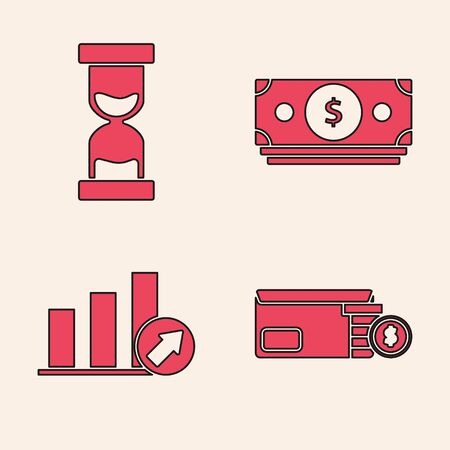 Set Bright stadium lights, Old hourglass with flowing sand, Stacks paper money cash and Presentation financial with graph, schedule, chart, diagram, infographic, pie graph icon. Vectorのイラスト素材