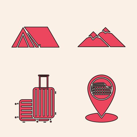 Set Map pointer with Coliseum in Rome, Italy, Tourist tent, Mountains and Suitcase for travel icon. Vectorのイラスト素材