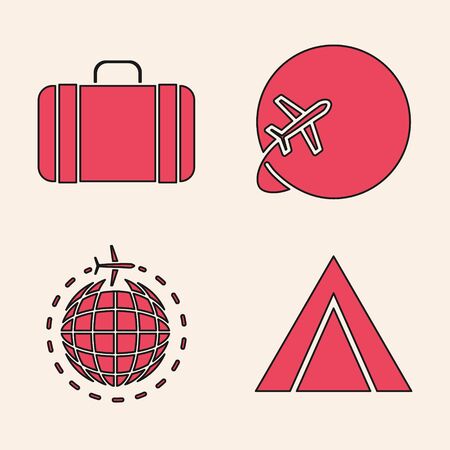 Set Tourist tent, Suitcase for travel, Globe with flying plane and Globe with flying plane icon. Vectorのイラスト素材