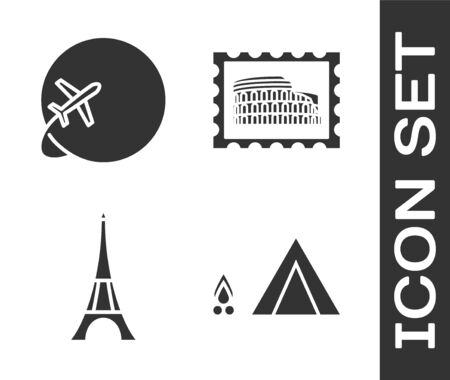 Set Tourist tent with wood fire, Globe with flying plane, Eiffel tower and Postal stamp and Coliseum icon. Vectorのイラスト素材