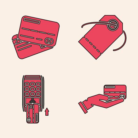 Set Human hand holding with credit card, Credit card, Blank label template price tag and Pos terminal with inserted credit card icon. Vectorのイラスト素材