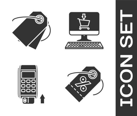 Set Discount percent tag, Blank label template price tag, Pos terminal with inserted credit card and Shopping cart on screen computer icon. Vectorのイラスト素材