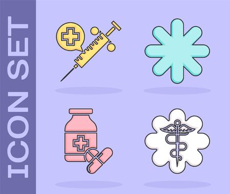Set Emergency star medical symbol Caduceus snake with stick, Medical syringe with needle, Medicine bottle and pills and Cross hospital medical icon. Vectorのイラスト素材