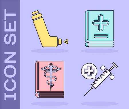 Set Medical syringe with needle, Inhaler, Medical book and Medical book icon. Vectorのイラスト素材