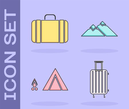 Set Suitcase for travel, Suitcase for travel, Tourist tent with wood fire and Mountains icon. Vectorのイラスト素材