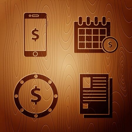 Set File document, Smartphone with dollar symbol, Coin money with dollar symbol and Financial calendar on wooden background. Vectorのイラスト素材