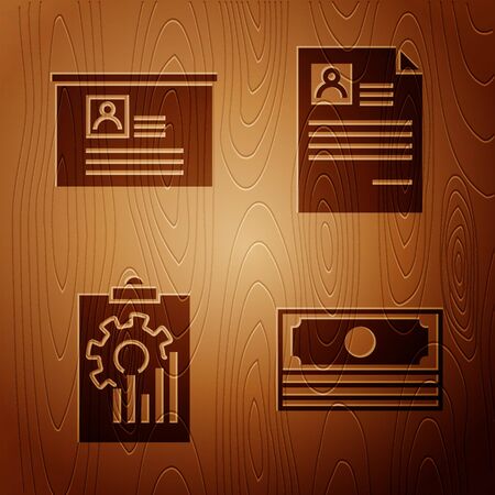 Set Stacks paper money cash, Board with resume, Clipboard with graph chart and Resume on wooden background. Vectorのイラスト素材
