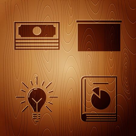 Set User manual, Stacks paper money cash, Light bulb with rays shine and concept of idea and Chalkboard on wooden background. Vectorのイラスト素材